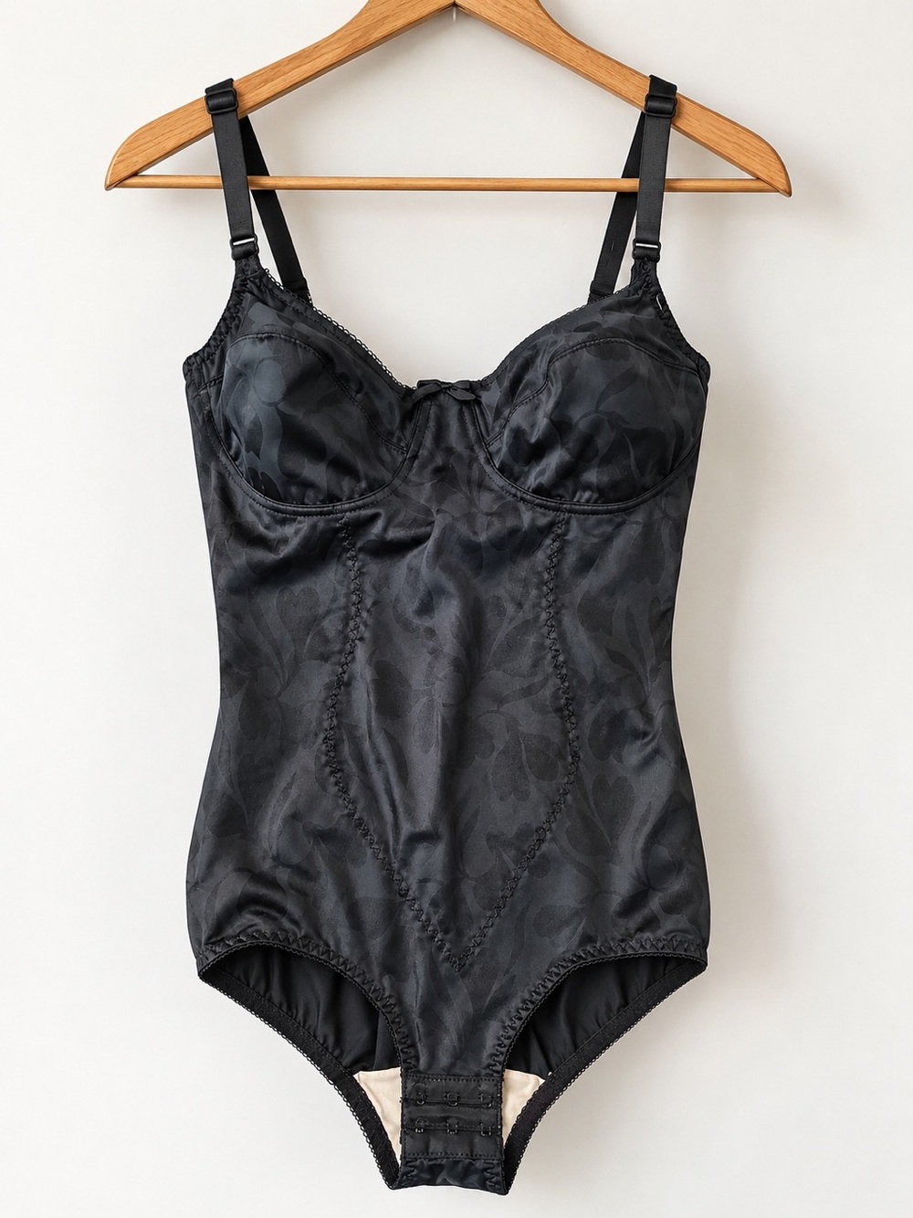 Vintage Sarong 36B Black Bodysuit Shapewear Longline Underwire Floral Jacquard